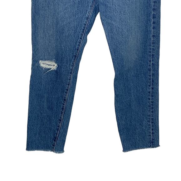 Levis 29 Premium Womens Straight Fit Jeans Raw Hem Medium Blue Distressed - Picture 4 of 10